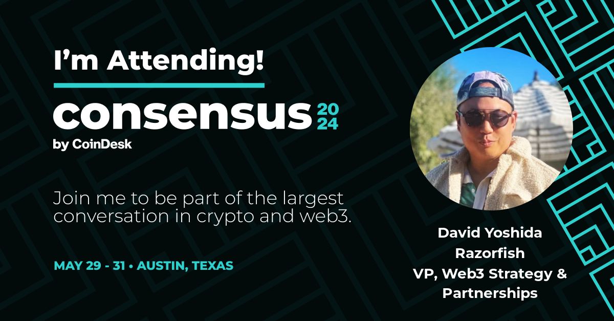 Next week, I'll be joining brands, builders, and investors at Consensus 2024 in Austin, TX. Razorfish's President, Dani Mariano, will be speaking during the Brand &amp; Creator Summit on 5/29 at 10 am. If you're interested in meeting up to discuss how brands are embracing Web3, or to