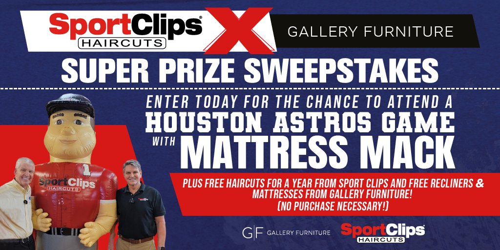 Excitement is in the air with the Gallery Furniture & SportClips Super Prize Sweepstakes! Rush to any of the participating Sport Clips in Houston for a shot at 1 of the 12 exciting prizes. Find out how you can be part of the fun at galleryfurniture.biz/3Q7zswM. Enter now!