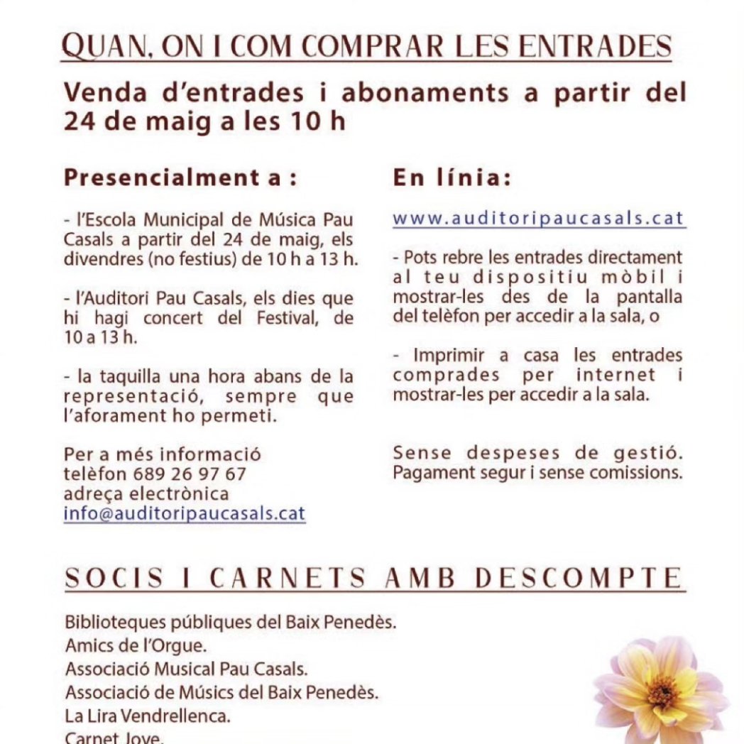 ❗ Divendres comença la venda d'entrades del 43è Festival Internacional de Música Pau Casals. Cita ineludible de la cultura al nostre municipi 👌