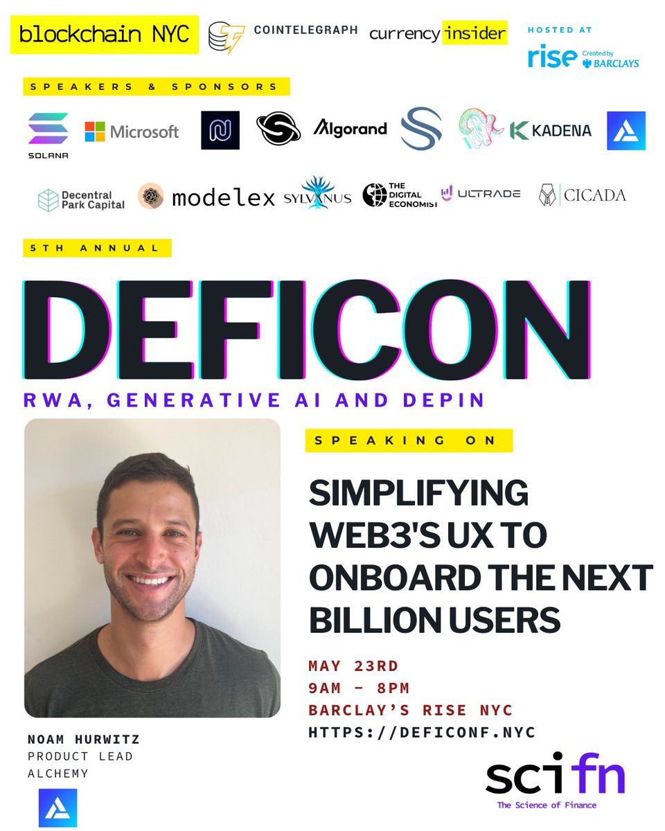 Alchemy's tweet photo. ☀️ We invite you to join us tomorrow at Barclay's Rise NYC for @probablynoam's talk on...

"Simplifying Web3's UX to onboard the next billion users"

If you're not registered for #DEFICON yet, here's the link 👇

https://t.co/vWvOXmhMW1 https://t.co/pyzOb79lls