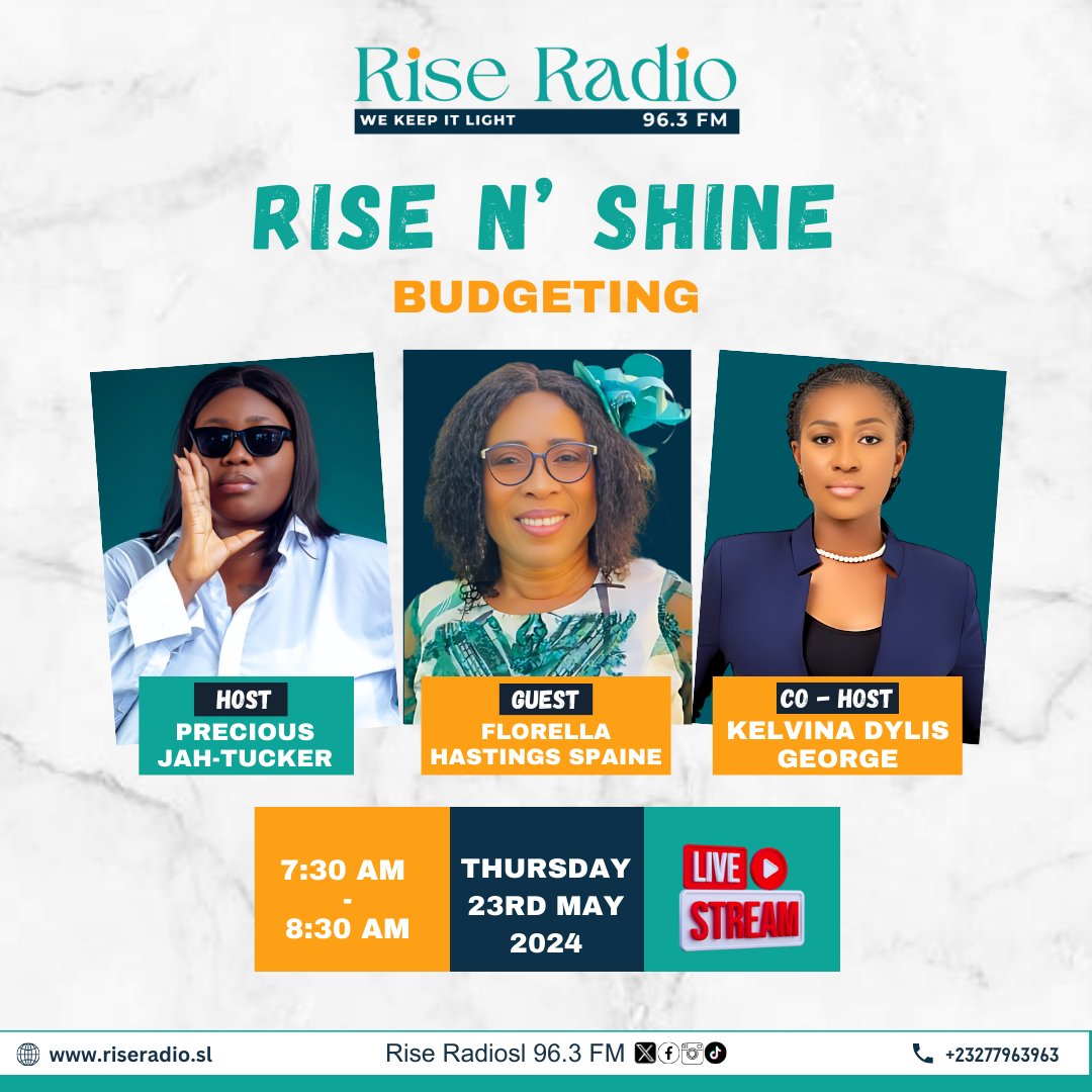 Get ready for #RiseNShine tomorrow! 🌞 Join us as we dive into the essentials of #Budgeting with special guest Florella Hastings Spaine. Learn practical tips to manage your finances and start saving smarter. @asmaakjames @MariamaJBah9 #Budgeting #FinancialWisdom #Riseradiosl