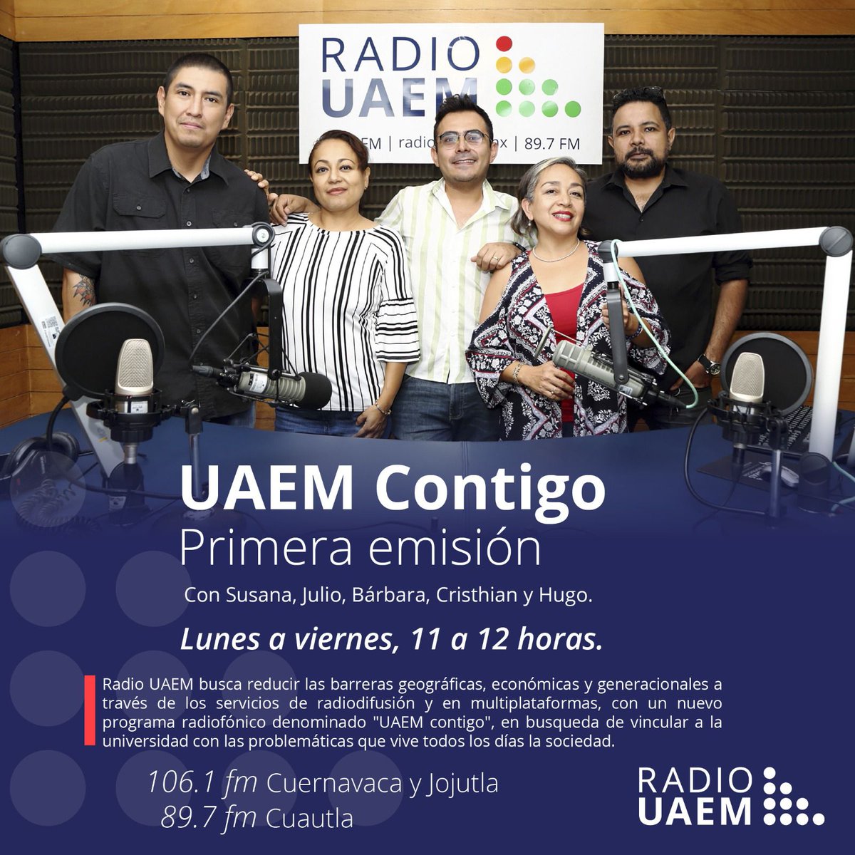 Escucha de lunes a viernes de 11 a 12 horas 'UAEM Contigo' desde @radiouaem | Frecuencias 106.1 en Cuernavaca y Jojutla, y 89.7 en Cuautla | Visita la página radio.uaem.mx | #SomosRadioPúblicaUniversitaria📻#SomosUAEM