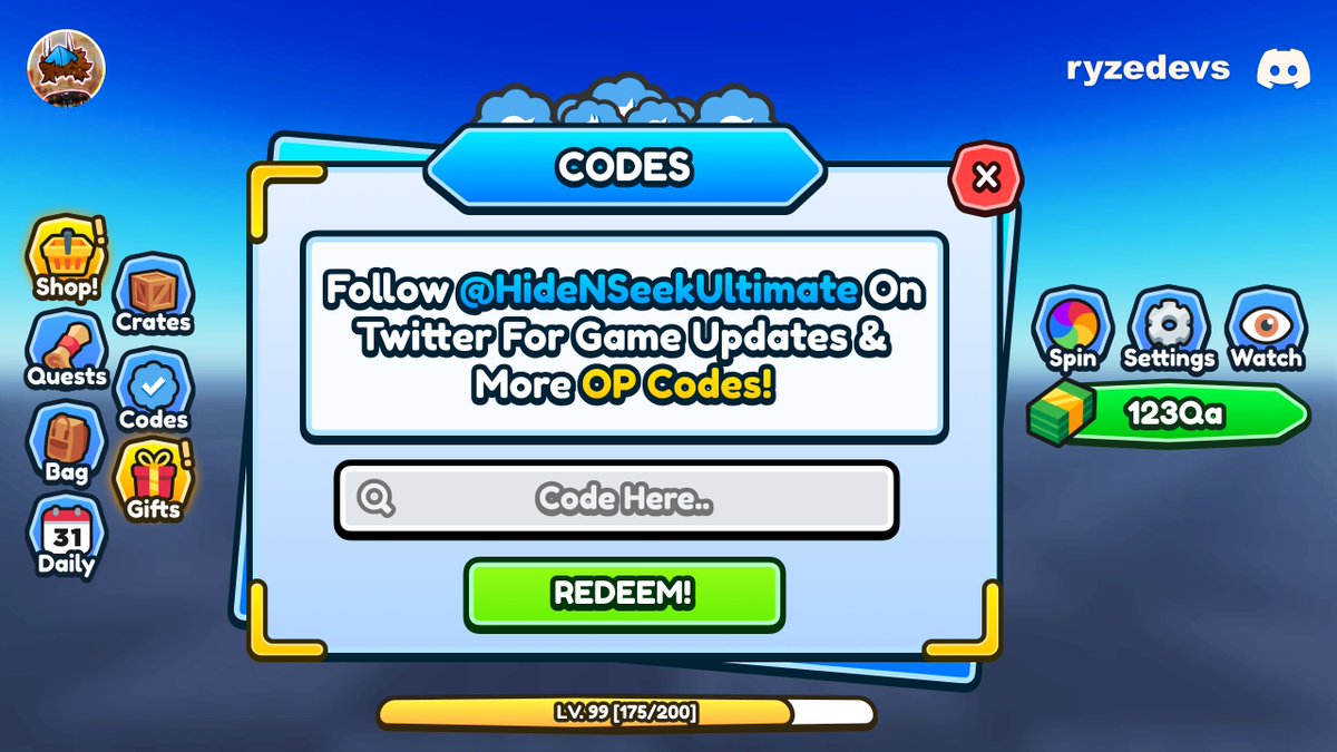 ✨ Cartoony Codes + Hud UI. 📌 A Cartoony Hud + Codes UI I Made For A Hide & Seek Game I'm Working On! 🏆 #ROBLOX | #RobloxDev | #robloxart | #RobloxUGC | #FreeRobux | #robuxgiveaway | #UserExperience | #robloxui | #RobloxDesigner | #free | #Giveaways | #uidesign