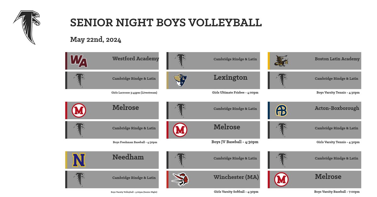 Busy Busy day for the Falcons. It's Senior Night for Boys Volleyball. Girls Lacrosse and Boys Volleyball will both be livestreamed here: cpsd.us/departments/ic… Come out and support!! @CRLStweets @BaseballCrls @cambridge_cpsd @NHSRockets @GlobeSchools @BostonHeraldHS