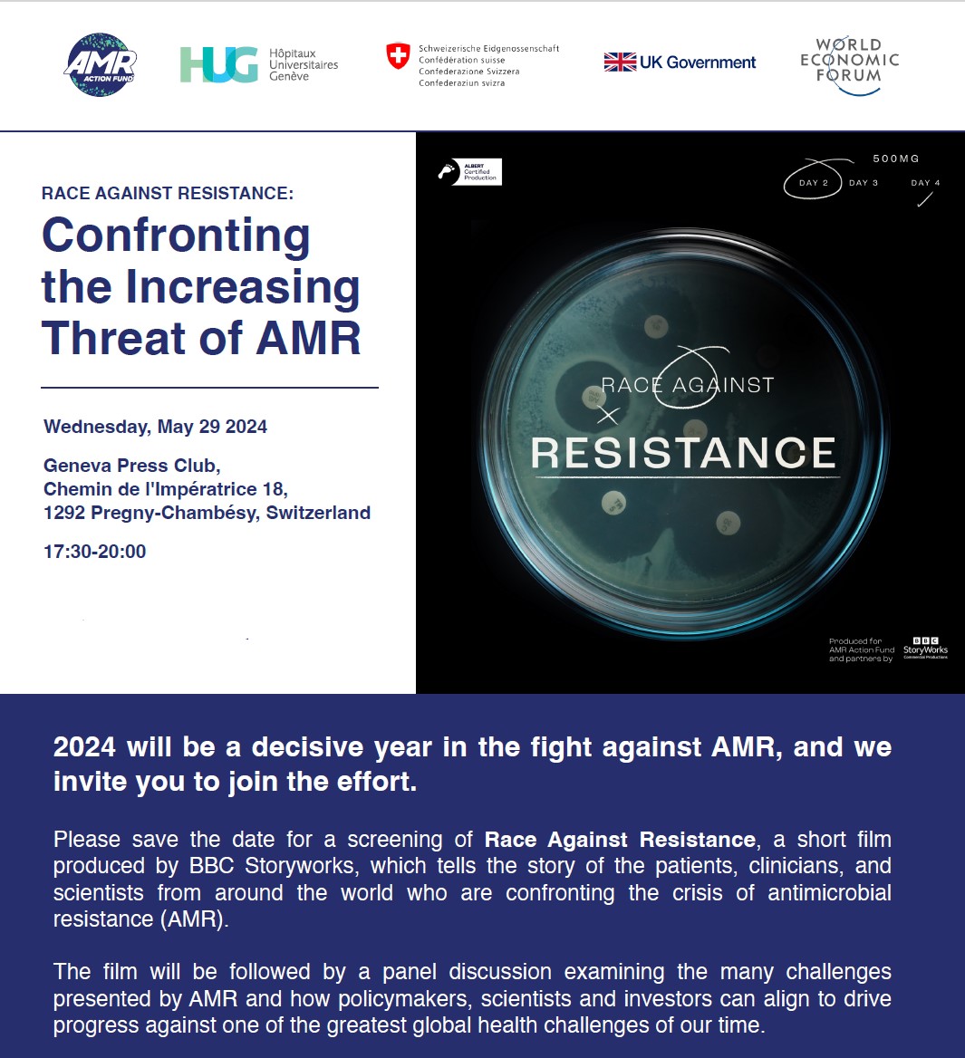 Mark your calendars! On May 29 at 17:30 CEST/11:30 EDT, join online for a screening + panel discussion on #AMR at @WHO's World Health Assembly. Watch here: hug.ch/en/evenement/f…