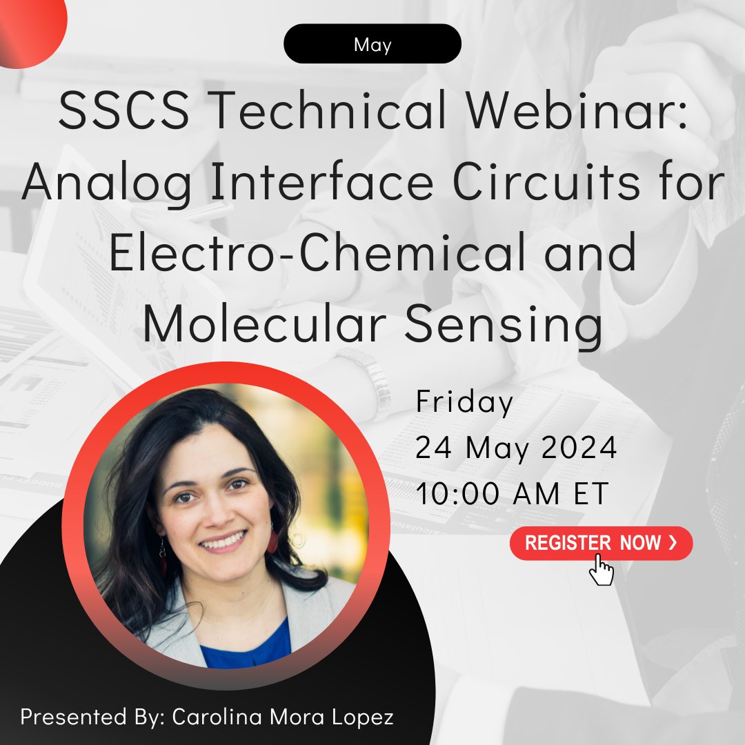 Unlock the potential! Dive into 'Analog Interface Circuits for Electro-Chemical and Molecular Sensing' with Carolina Mora Lopez. Ready to revolutionize your understanding? 24 May, 10:00 AM ET. Register here: bit.ly/3vRiBY8 💡🔬 #SSCSMayWebinar #IEEE