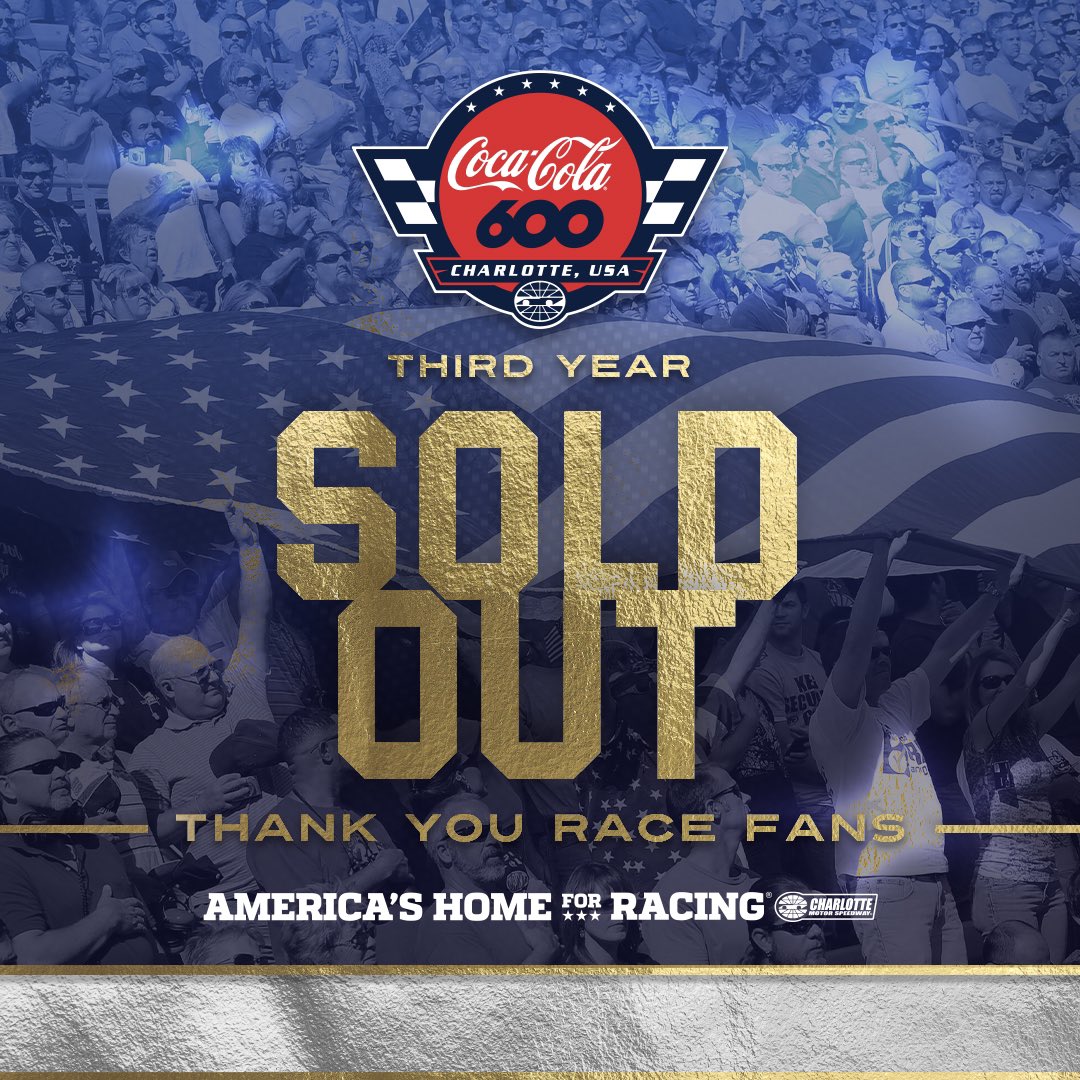 THREE IN A ROW‼️ The Coca-Cola 600 is sold out of all seating, standing-room, and reserved camping options. 📰: bit.ly/4e1Zyvw #CocaCola600 | @CocaColaRacing