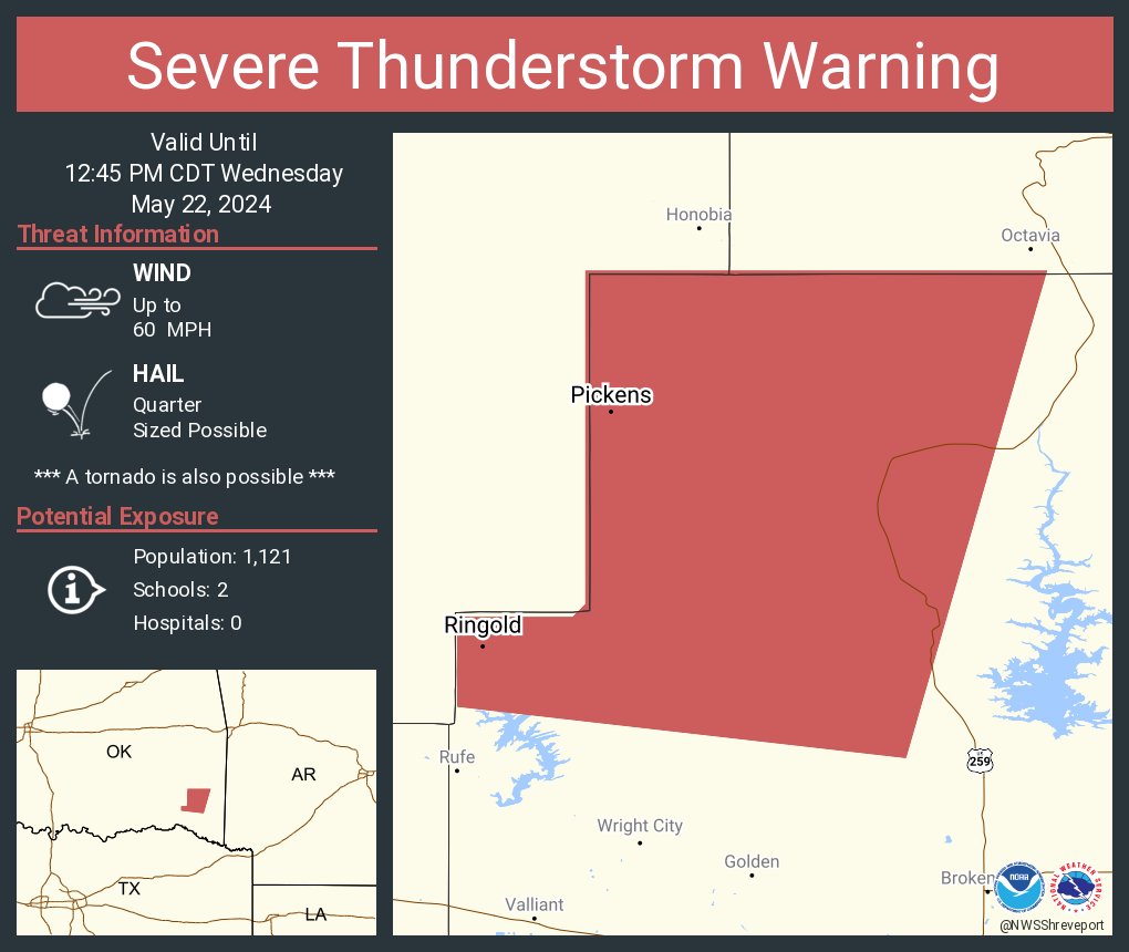 Severe Thunderstorm Warning including Ringold OK and Pickens OK until 12:45 PM CDT