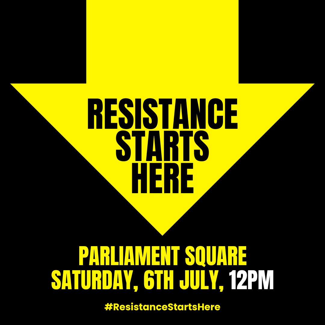 ✊ RESISTANCE STARTS HERE 🗓️ Saturday 6th July 🕛 12pm 📍Parliament Square ➡️ Be there: eventbrite.co.uk/e/resistance-s… #NotMyGovernment #YouDoNotRepresentUs #ResistanceStartsHere