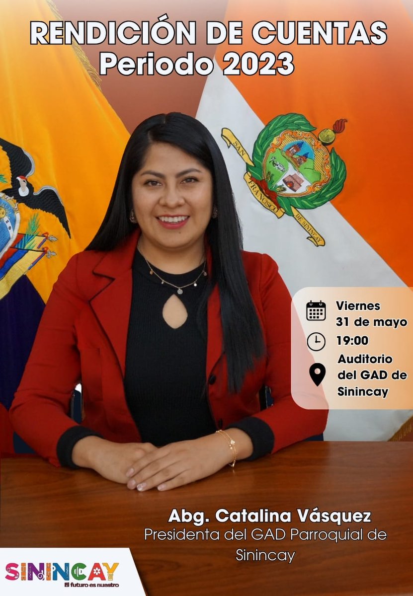 #RendiciónDeCuentas: Extendemos una cordial invitación a la Rendición de Cuentas Institucional correspondiente al periodo de enero- diciembre de 2023, así como a la Rendición de Cuentas de la Presidenta del GAD de Sinincay, abogada Catalina Vásquez, mayo-diciembre 2023.