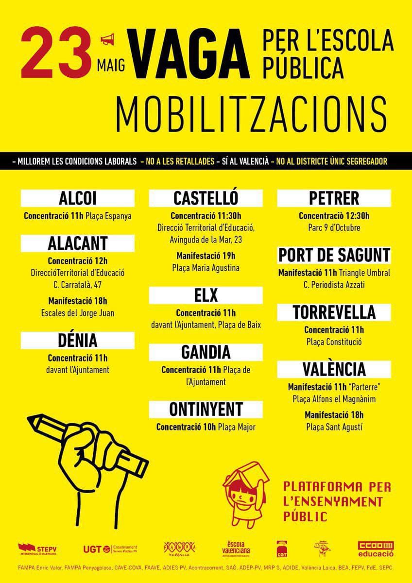 Recorda que demà l’educació pública valenciana ha convocat una vaga contra les retallades i atacs del PP.