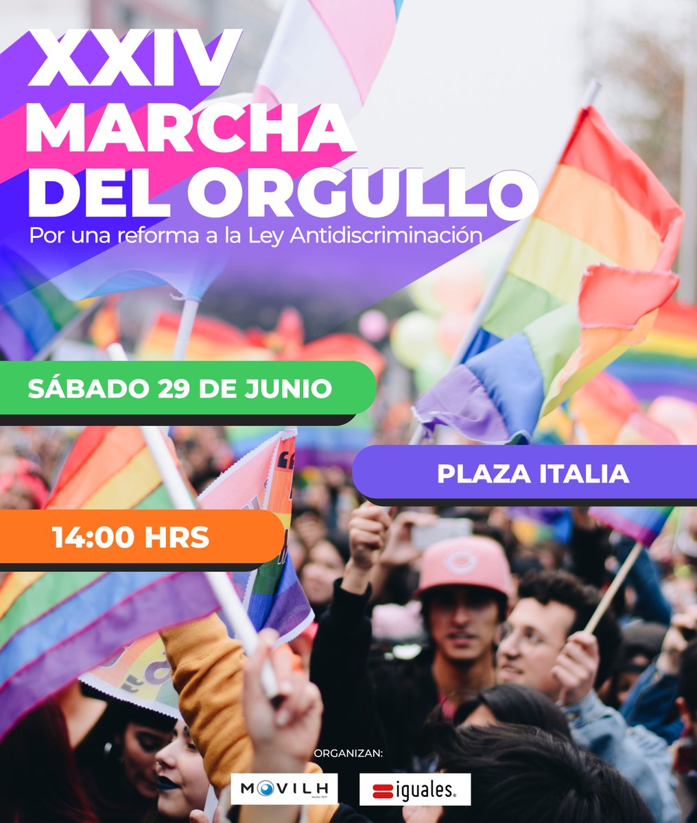 🏳️‍🌈🏳️‍⚧️XXIV Marcha del Orgullo 2024. Ya tenemos fecha para una nueva versión de la Marcha del Orgullo en Santiago! A 25 años desde que la homosexualidad fuera eliminada del listado de delitos en Chile, nos reuniremos una vez más en Plaza Italia. 📌Sábado 29 de junio ⏰14:00 horas