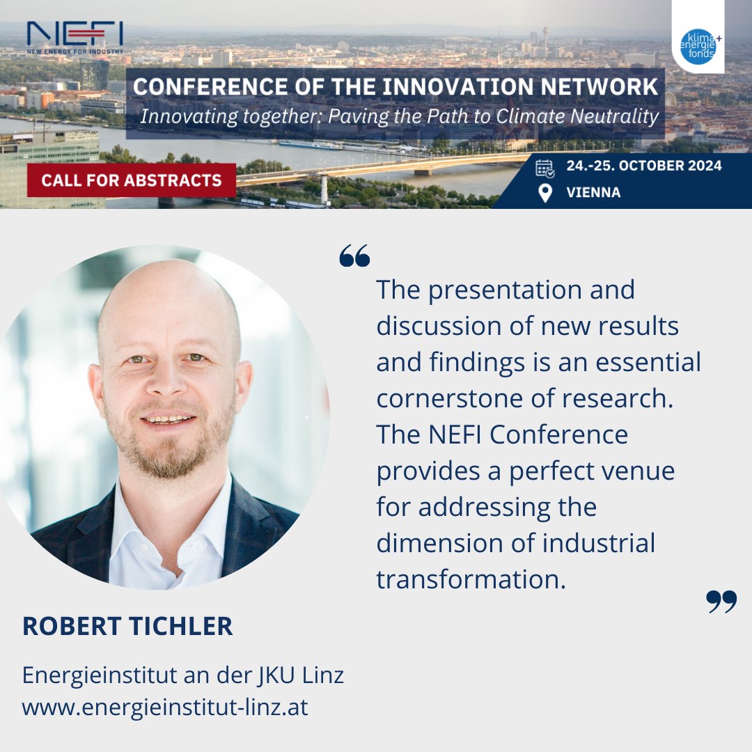 #CallForAbstracts: Join us at the #NEFI Conference 2024 &amp; meet member of the Reviewing Committee, @robs_1978 (<a href="/energie_inst/">Energieinstitut an der JKU Linz</a>) 
📅Abstract Submission Deadline: 31.5.24 
🚀Theme: Innovating Together - Paving the Path to Climate Neutrality
#NEFI2024 #industry #transformation #NetZero