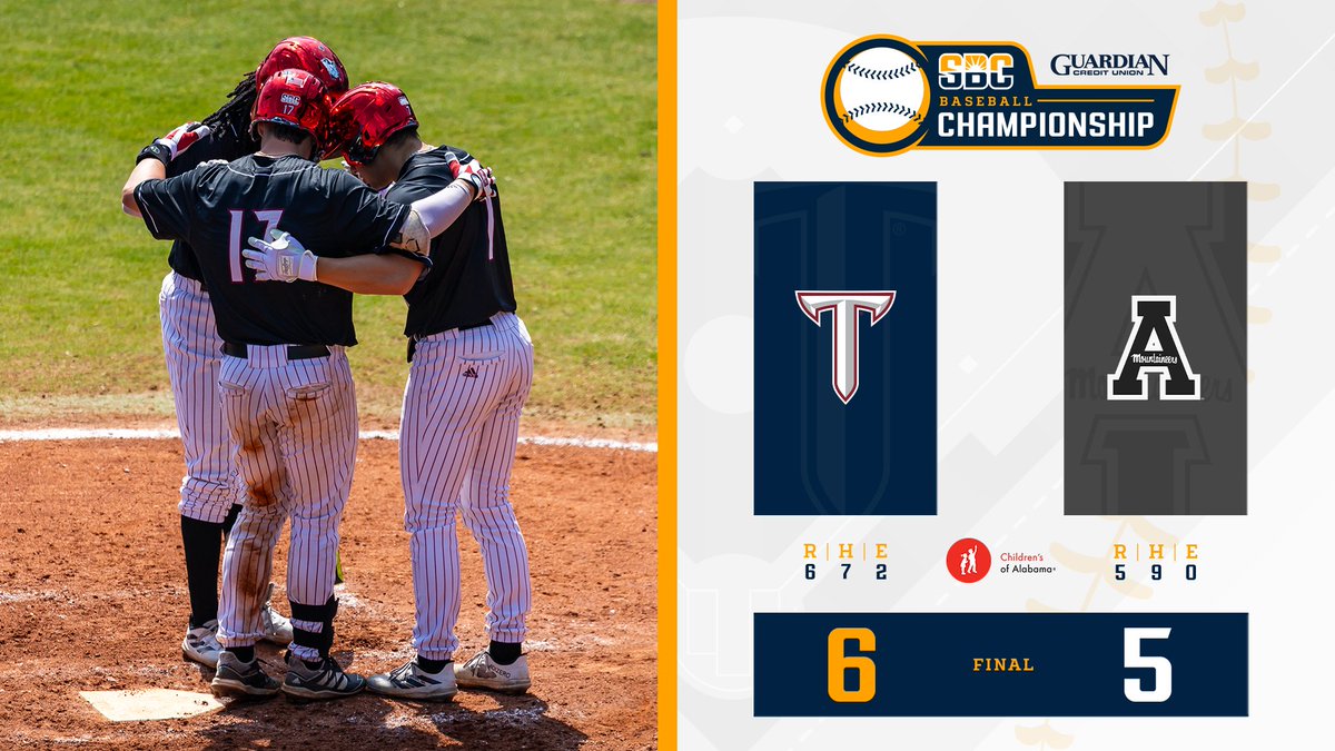 𝗧𝗥𝗢𝗝𝗔𝗡𝗦 𝗧𝗥𝗜𝗨𝗠𝗣𝗛. @TroyTrojansBSB uses a six-run fifth—sparked & capped by @brooksbryan17—to overcome App State, 6-5, at 2024 Guardian Credit Union #SunBeltBSB Championship presented by @TROYUnews. #SunBeltBSB final score brought to you by @ChildrensAL. ☀️⚾️