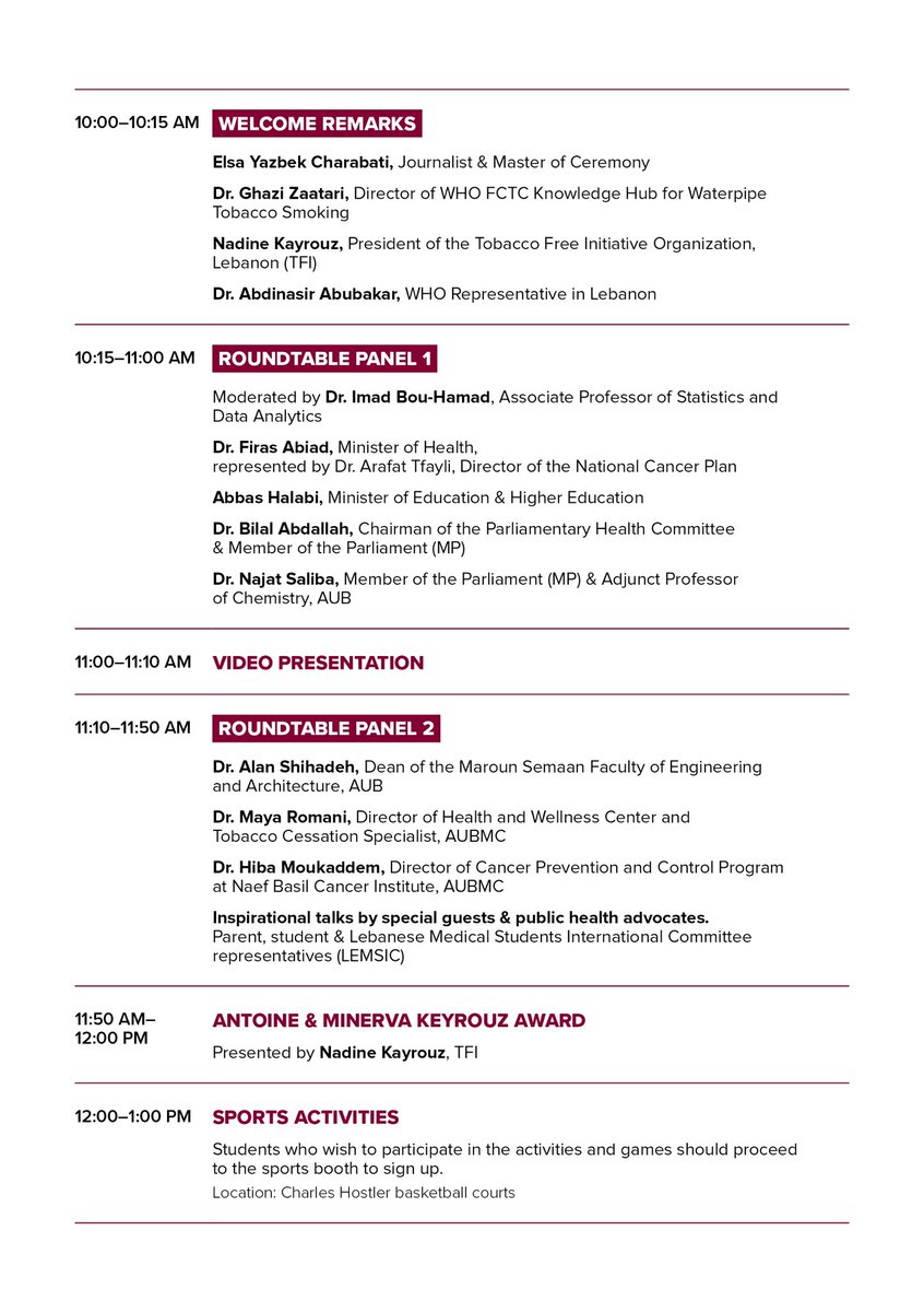 Join us on World No Tobacco Day 2024 for‘Protecting Children from Tobacco Industry Interference’.
Hear from keynote speakers and panelists as we unite to save lives. May 31, 10:00 am-1:00 pm, Charles Hostler Auditorium, AUB. Don't miss this critical event! <a href="/FCTCofficial/">WHO FCTC</a>