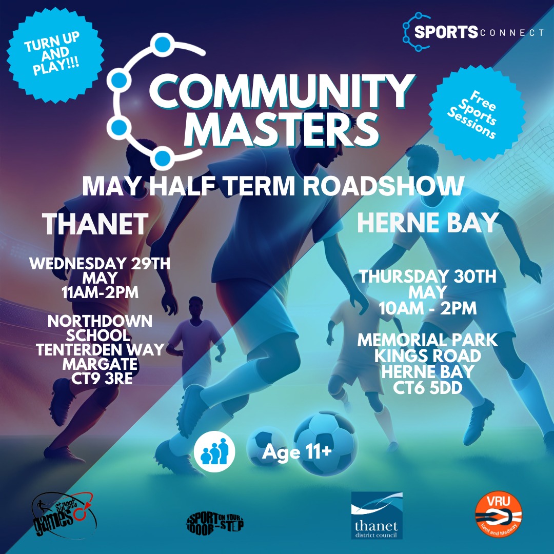 Our Community team is hitting the road this half term, bringing sport to Thanet and Herne Bay! 🏀⚽🎾 Join us for some fun and games - just turn up and play. No registration needed, all ages welcome! 🌟 @StreetGames @sportonyourds @KentVRU