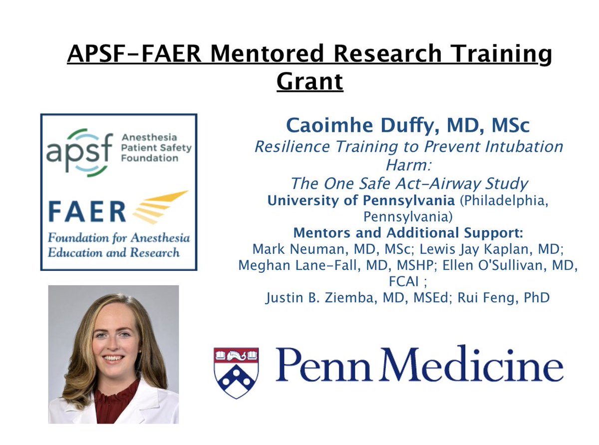 Congrats 👏@PennAnesthesia & #OBAnes division member @CaoiDuffy on your @APSForg @FAERanesthesia mentored #research training grant! So well-deserved. #patientsafety #MedEd