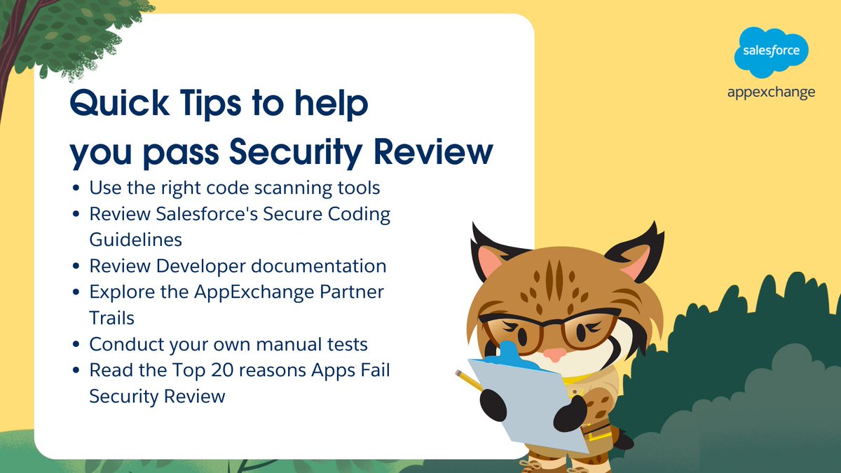 Trust is our #1 Value, and because of that, we’re dedicated to ensuring each AppExchange solution is safe to be on the market. Check out this article to learn how you can pass Security Review as an ISV Partner. 🔗 sforce.co/45Ccpjs