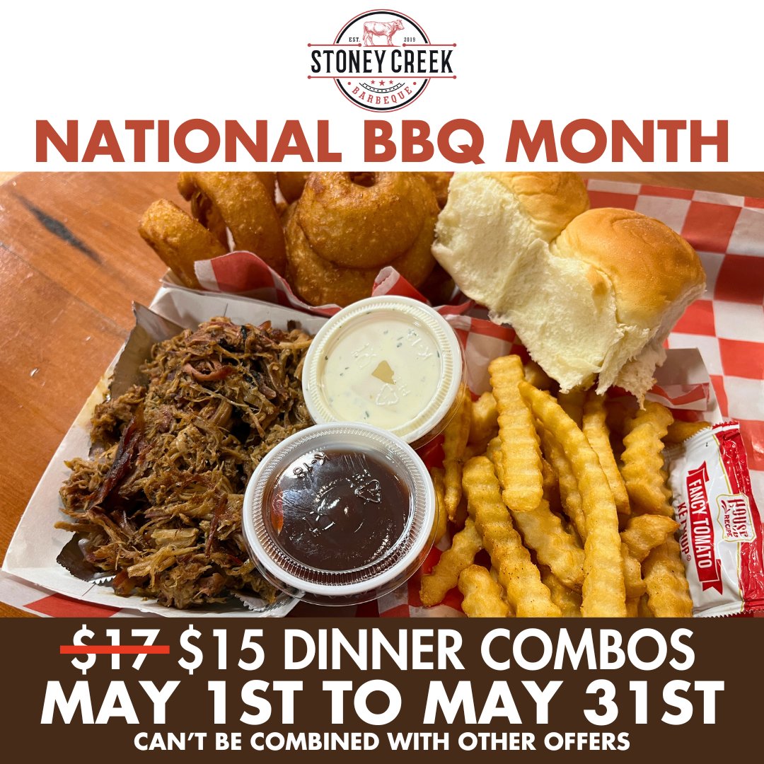 It's National BBQ Month! To celebrate, we're taking $2 OFF ALL of our Dinner Combos! Get a 1/2 LB of Pulled Pork with bread, 2 sides & a drink for only $15!!! #StoneyCreekBBQ #Porterville #BBQ #NationalBBQMonth #DinnerCombo #PulledPork #LowAndSlow #WorthTheDrive