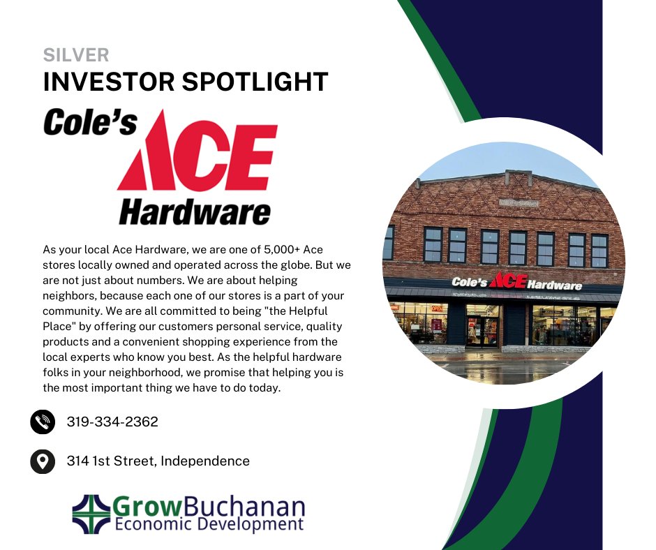 BCEDC Investor Spotlight: Cole's Ace Hardware
Cole's Ace Hardware is located downtown in the heart of Independence, IA. For more information, visit acehardware.com and find your local Cole's Ace Hardware store.  
Thank you for investing in #GrowBuchanan