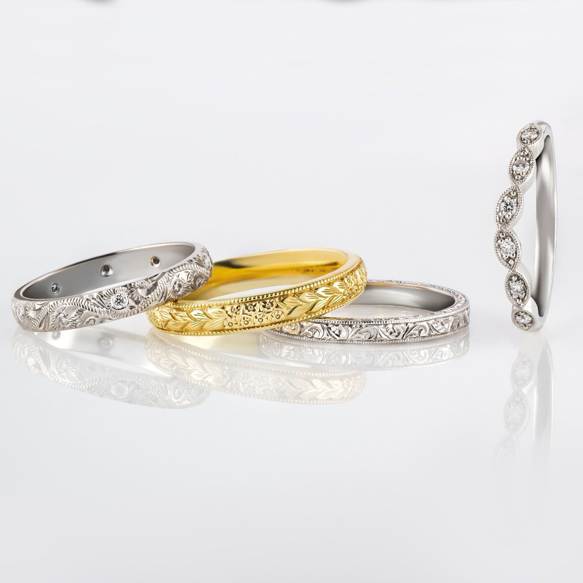Crafted in a wide array of unique styles for every taste, our wedding ring collection is carefully designed to complement both antique and contemporary engagement rings.