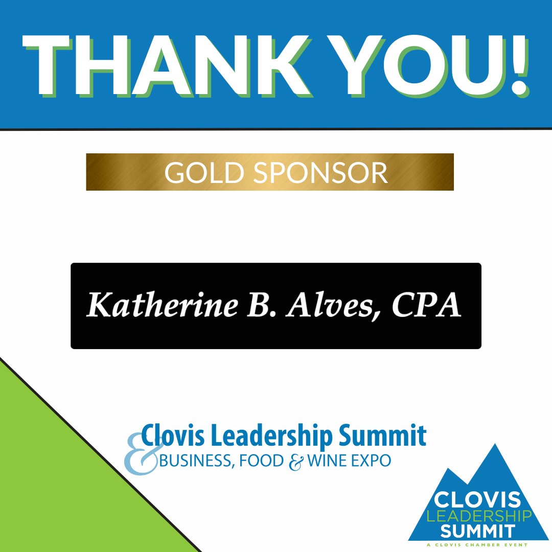 We are thrilled to announce Katherine B. Alves, CPA, as a Gold Sponsor at the upcoming Clovis Leadership Summit &amp; Business, Food, and Wine Expo! Join us for a day filled with networking opportunities and insightful sessions. For event information: bit.ly/4bDYETK
#CLS2024