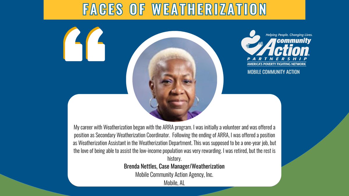 Shoutout to @mca_mobile for sharing this #FacesofWeatherization - #FacesOfEE staff story on #CommunityActionMonth #WeatherizationWednesday!