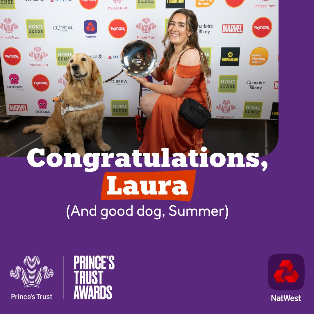 We're delighted to announce the winner of the NatWest Enterprise Award at the Prince's Trust awards is Laura. Laura runs Wild Spirit Canines, training dogs as assistance companions for clients. Congratulations Laura and your amazing assistance dog Summer! #PrincesTrustAwards
