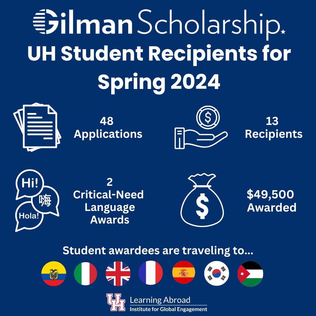 Congratulations to our 13 UH students who were awarded the Benjamin A Gilman International Scholarship this Spring 2024 cycle! Collectively they were awarded a total of $49,500 to be used towards their Summer and Fall 2024 programs.