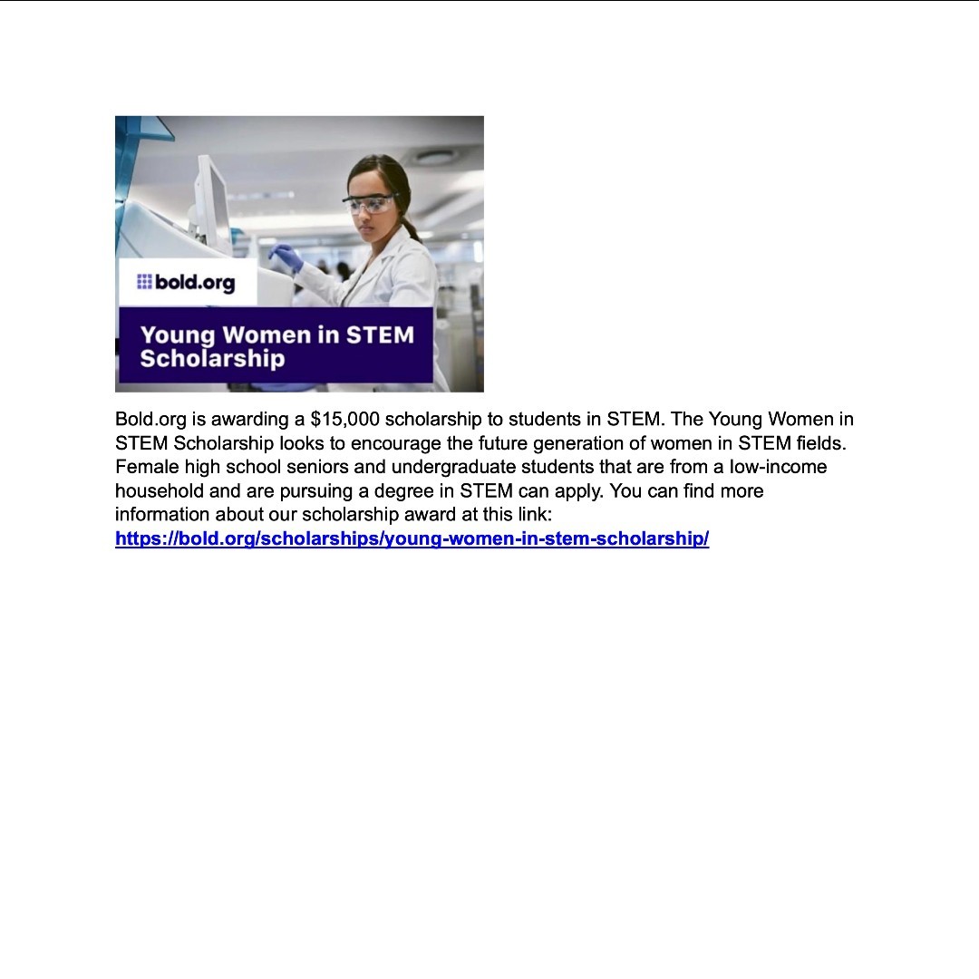 ow.ly/bmC250RNYeC is awarding a Young Women in STEM scholarship- see the link below for more information. ow.ly/V0hg50RNYex