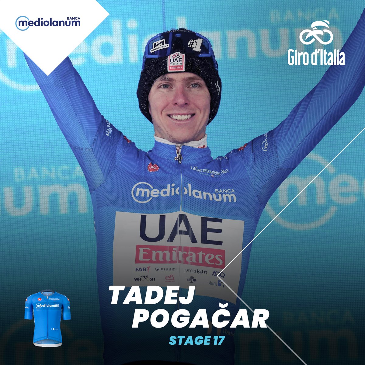 👕 The jerseys after Stage 1️⃣7️⃣:

💙 🇸🇮 @Tamaupogi (UAD) - @BancaMediolanum

giroditalia.it/classifiche/
#GirodItalia | #jerseys