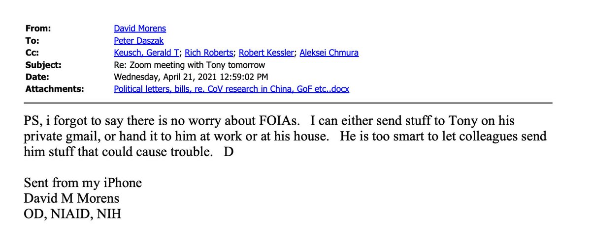 Fauci may have conducted official business on a private Gmail that he believed was out of reach of FOIA, according to this email from his aide in 2021 (before he left NIAID). nypost.com/2024/05/22/us-…