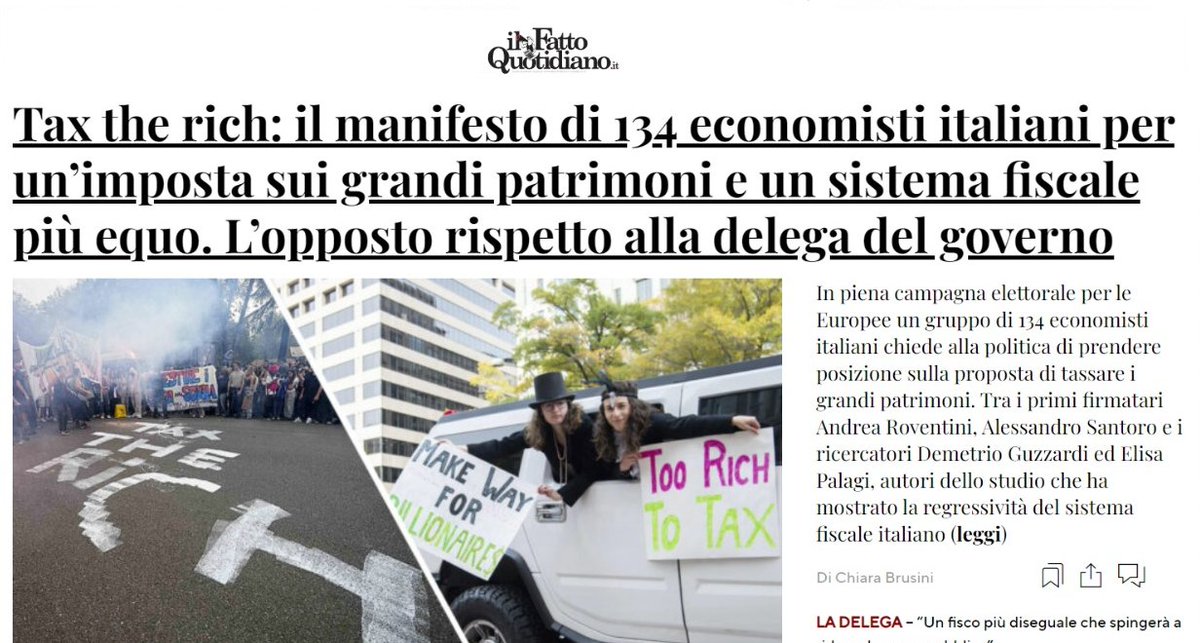 'Manifesto di 134 economisti per un’imposta sui grandi patrimoni e un sistema fiscale più equo: l’opposto rispetto alla delega del #governo' Da leggere sul @fattoquotidiano, l'articolo di @La_brus sulla proposta presentata oggi in Senato nell'incontro promosso da #Oxfam e