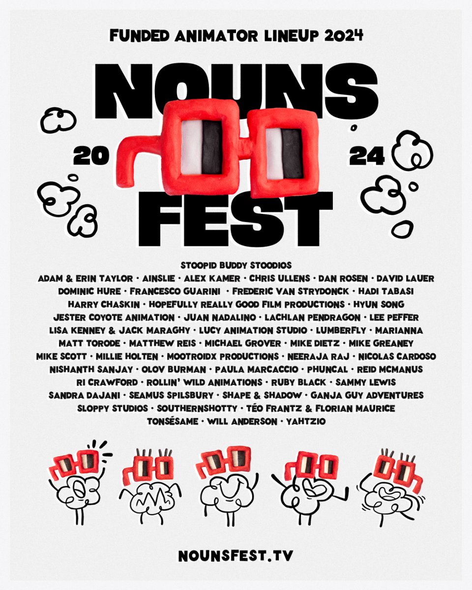 We're thrilled to share the 50 animators funded for Nouns Fest 2024! 🍿 ⌐◨-◨

Thank you so much to everyone who pitched! There were so many great ones, it was extremely hard to choose. We love &amp; appreciate you all! 

Follow along for updates on the filmmakers &amp; the festival.