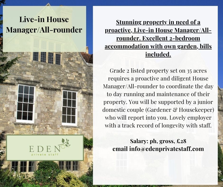 House Manager role in Winchester! edenprivatestaff.com/job/live-in-ho… #butlerjobs #housemanager #headhousekeeper #privatehousehold #staffingservices #familyoffice #housemanagerbutler #butler