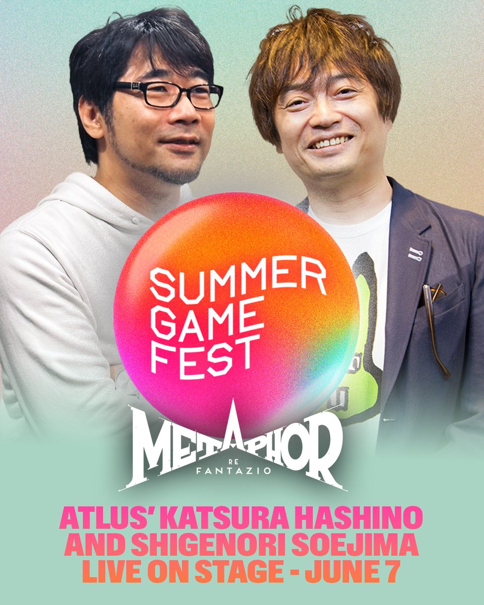 Atlus' (@Atlus_West) Katsura Hashino and Shigenori Soejima will make a very special live stage appearance during #SummerGameFest to share new details with fans on their upcoming title Metaphor: ReFantazio 🎟️ Tickets: bit.ly/sgf24tickets