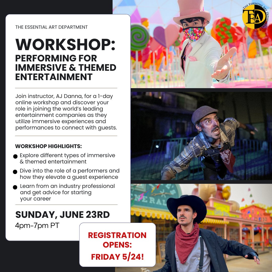 REGISTRATION OPENS THIS FRIDAY 5/24 AT 9AM PT!

For more info: theessentialartdepartment.com/courses/perfor…

#themedentertainment #immersivetheatre #themeparks #performer #acting #onlineworkshop #scareactor