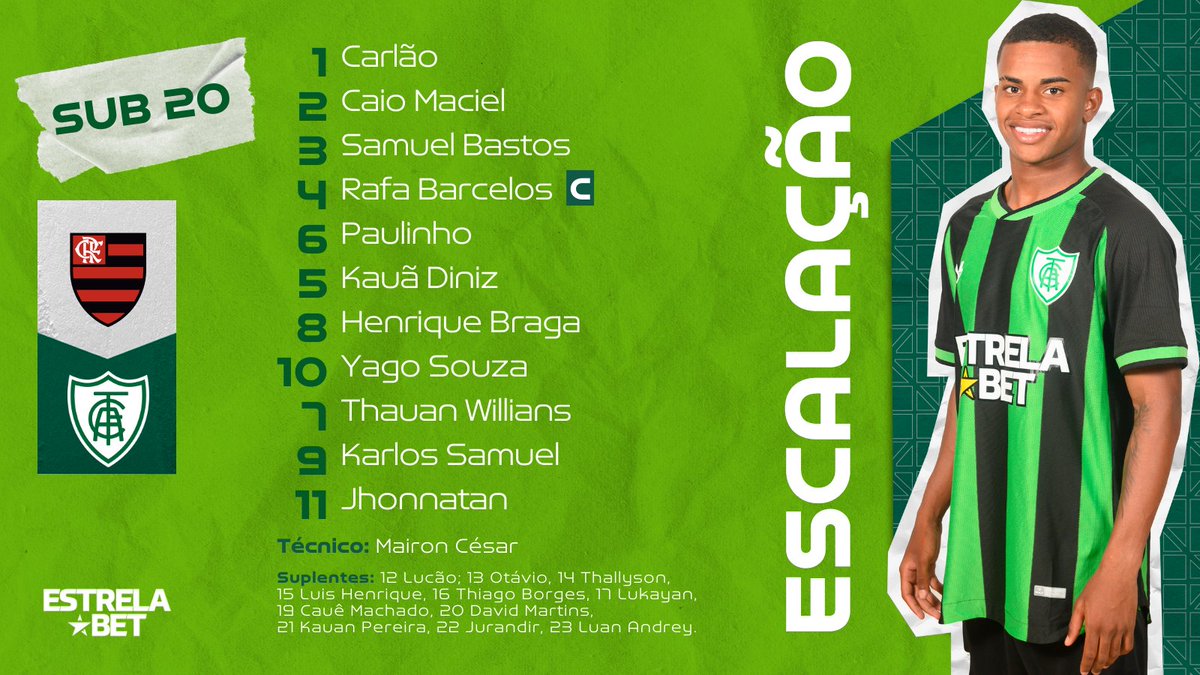 AmericaFC1912's tweet photo. #DNAFORMADOR ESCALADO! 🐰💚
Nação Americana, estes são os 11 iniciais escolhidos pelo técnico Mairon César para a partida diante do Flamengo , às 15h, em mais uma rodada do Campeonato Brasileiro Sub-20.
#FLAxAFC
#PraCimaDelesCoelhãozinho https://t.co/ZJRMhosXgq