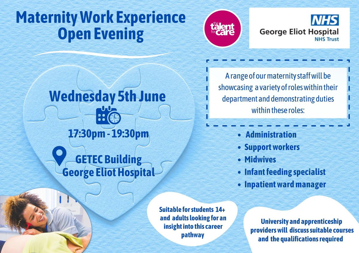 📣 Maternity work experience event at George Eliot Hospital 🏥 Come and learn more about the variety of roles and duties within our maternity department 👩🏻‍⚕️ 🤱🏻 Register to attend here: 
forms.office.com/e/jGW5KRQWHT 
<a href="/GEHNHSnews/">George Eliot Hospital NHS Trust</a> <a href="/GEHCareers/">George Eliot Careers</a> <a href="/championingGEH/">volunteering@geh.nhs.uk</a>
