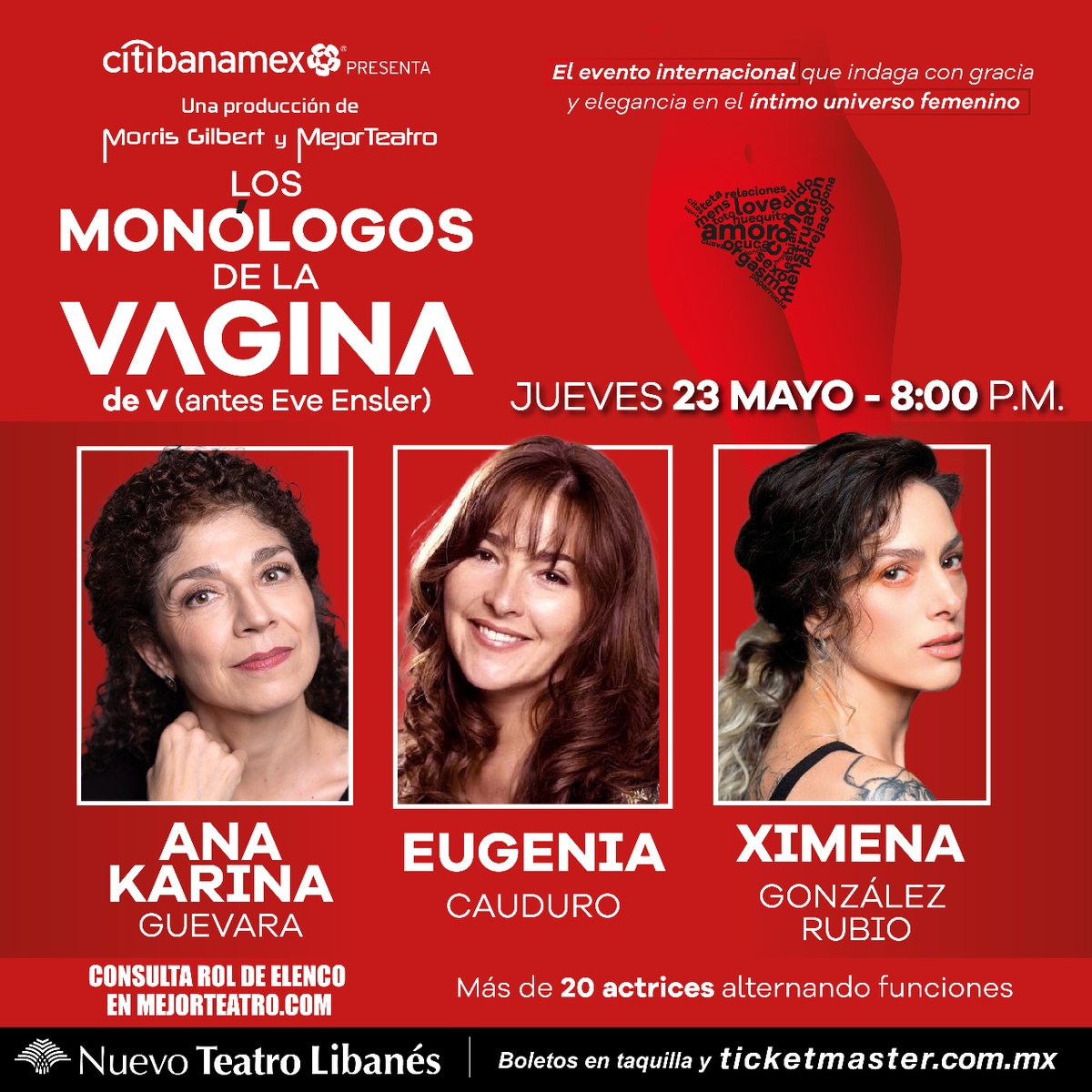 Mañana tienes una cita para descubrir el universo femenino con #EugeniaCauduro, @AnaKarinaGE y #XimenaGonzálezRubio en @MonologosVagMex. ¡No faltes 🫦! 📍 Nuevo Teatro Libanés 📆 Jueves 23 de mayo ⏰ Funciones 8:00 p.m. 🎟️ bit.ly/LosMonologosDe…