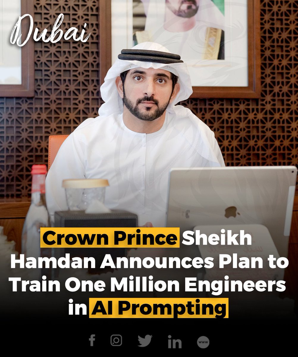 Sheikh Hamdan bin Mohammed, Crown Prince of Dubai, announced a plan to train one million people in AI prompt engineering over the next three years.

#DubaiAI #SheikhHamdan #FutureReady #AITraining #Innovation #PromptEngineering #TechSkills #GlobalLeadership