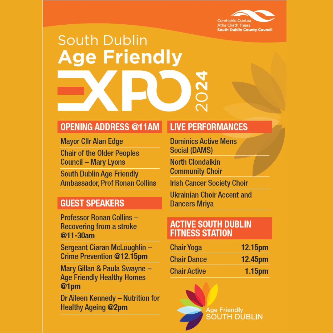 Don't forget the South Dublin County Council Age Friendly Expo which will take place on Saturday from 11am – 3pm in County Hall, Tallaght. Information in poster - looking forward to seeing our own North Clondalkin Community Choir take part!