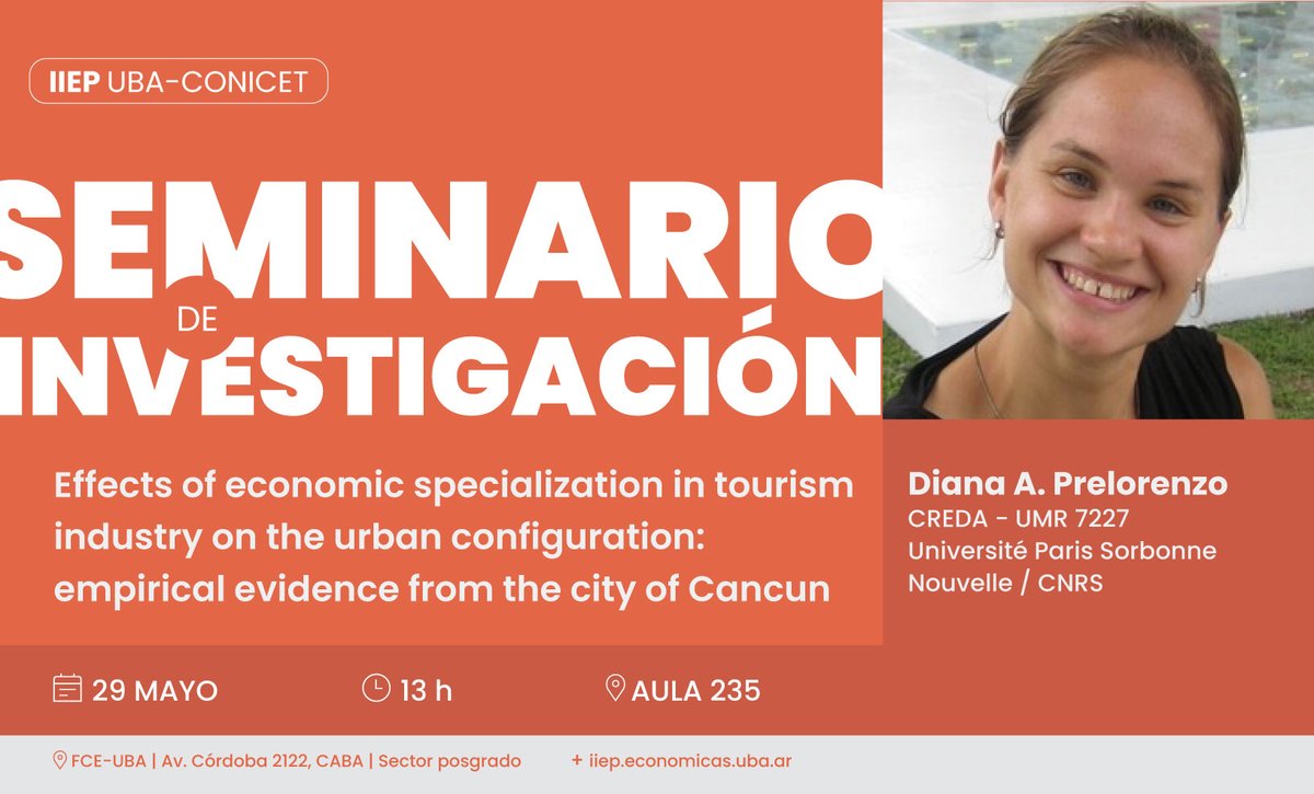 🗓️29/5-13H🕐

🔶Seminario de Investigación <a href="/iiep_oficial/">Instituto Interdisciplinario de Economía Política</a> 

📙Effects of economic specialization in tourism industry on the urban configuration: empirical evidence from the city of Cancun

📣@daprelorenzo

📍Av. Córdoba 2122-Aula 235 <a href="/UBAeconomicas/">Facultad de Cs. Económicas UBA</a> 

🔗bit.ly/3KcPTo6