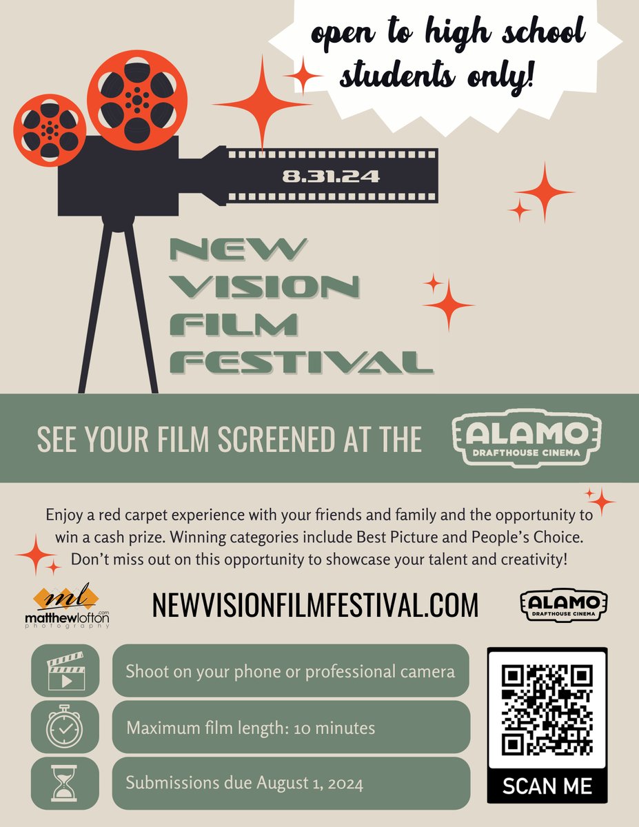 📢 Attention local High School Students! The Alamo is hosting a new student film festival #NewVisionFilmFestival on 8/31/24 🎥. Submissions open now until August 1st! All details and requirements can be found at newvisionfilmfestival.com 👈