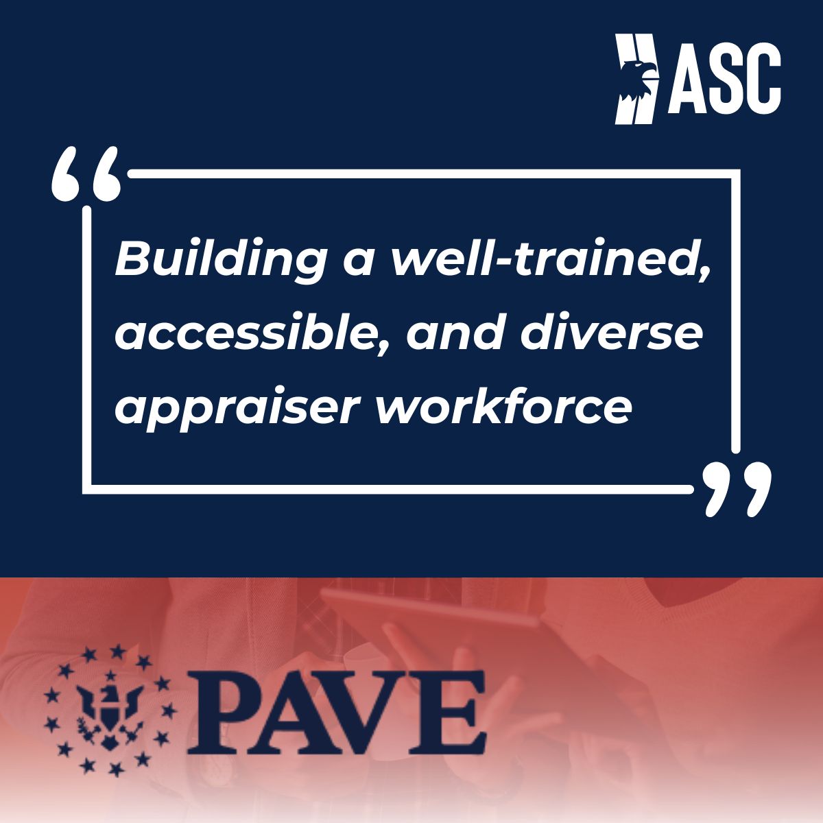 Today, we highlight Action 3 of the PAVE Action Plan: Building a well-trained, accessible, and diverse appraiser workforce. 

Visit pave.hud.gov to read the full PAVE Action Plan and to learn more about the Taskforce and its ongoing work.

#ASCgov #AppraisalBias #PAVE
