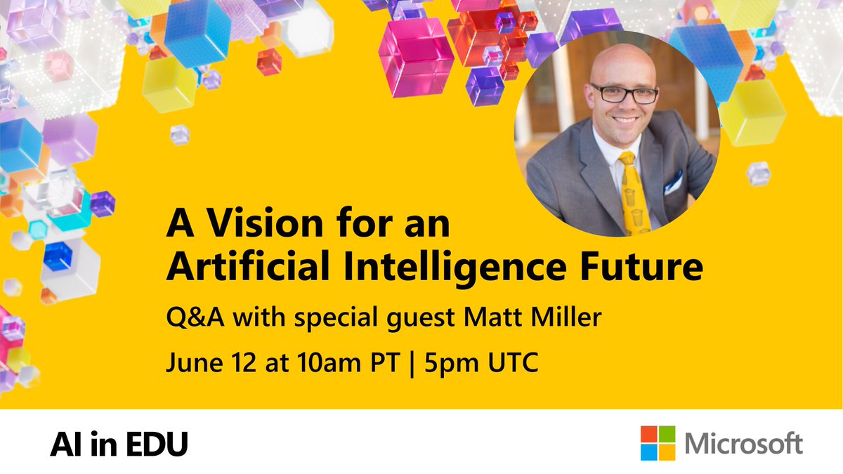 Join us for a special Q&A with author, educator, and visionary Matt Miller @jmattmiller as we explore how #AI is changing education! 💛 💌 Don't miss this and register here: aka.ms/VisionForAI 🎬 Catch up on our past #AIinEDU conversations: aka.ms/AISeries