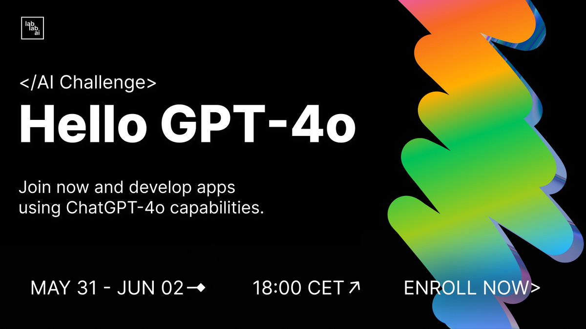🚀Announcing ChatGPT-4o Hackathon! 📅Friday, May 31, 6:00 PM CET till June 2nd @OpenAI recently launched the groundbreaking ChatGPT-4o! To celebrate this innovative launch, Lablab.ai is hosting the first unofficial ChatGPT-4o Hackathon! 👉Discover the Power of