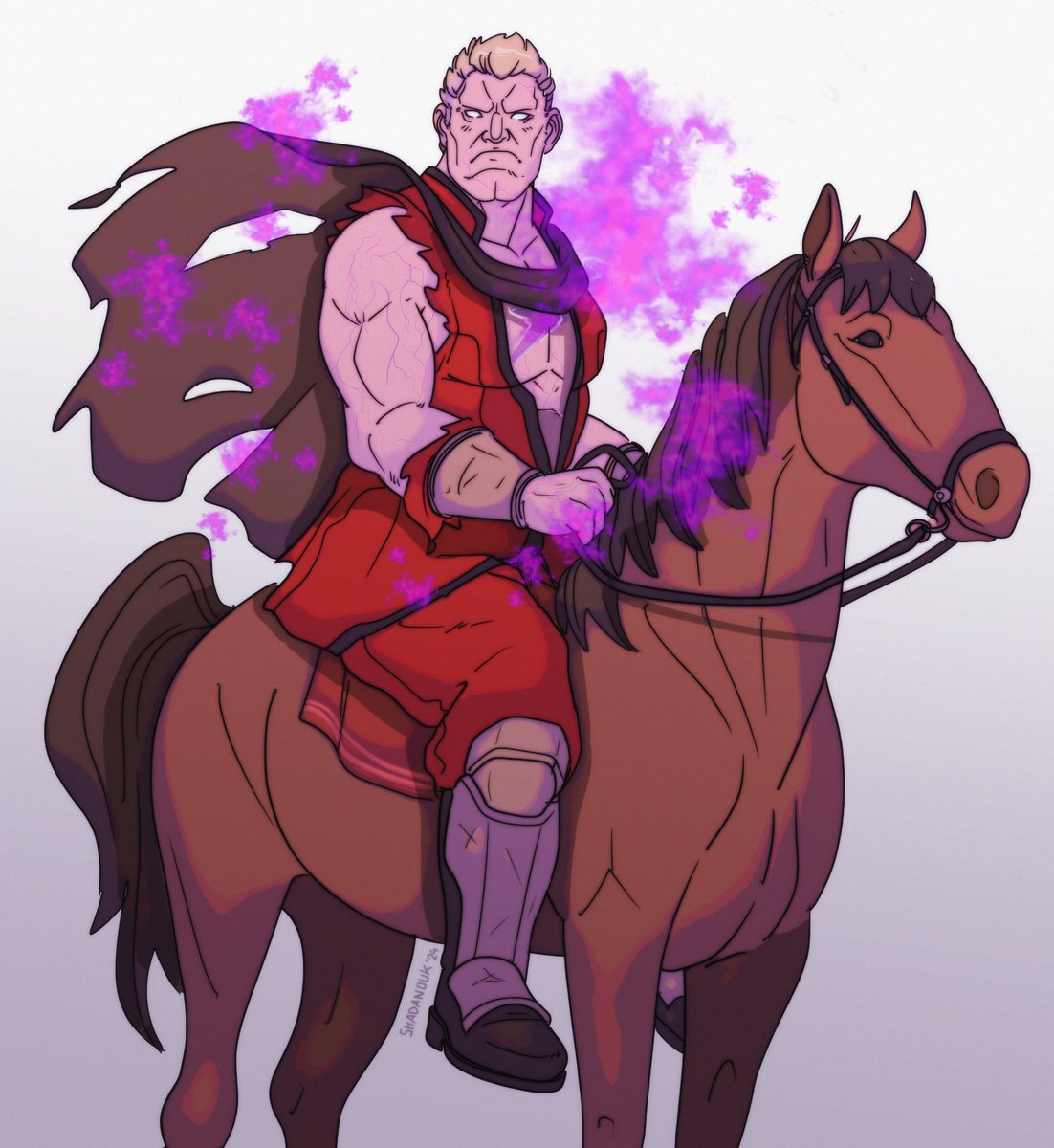 'A man riding a horse, imbued with a purple aura. White hair, tattered clothes, but looked dignified with bold eyes. Thought to be Lord Bison.' ❤️⚡️🖤 #ShadalooIsNotDead - Artwork by me ⚡️