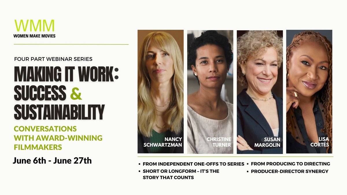 🎬 Ready to be inspired this summer? Join our 'Making It Work: Success and Sustainability' masterclass series from June 6-27! Chat with award-winning filmmakers Nancy Schwartzman, Susan Margolin, Christine Turner, and Lisa Cortés. Secure your spot now!
bit.ly/WMMMakingItWork