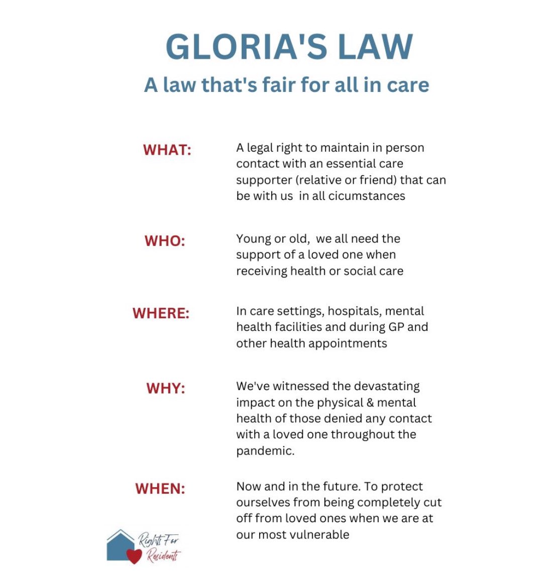 With a #GeneralElection now upon us we will be increasing our call for #GloriasLaw, a legal right to a #CareSupporter. We have cross party support & the support of 79 organisations - so our question to all candidates, will you support us? #RightsForResidents